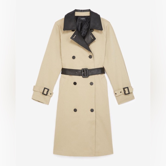 The Kooples Coat Womens Large Beige Black Faux Leather Collar Belted Trench - Picture 2 of 9